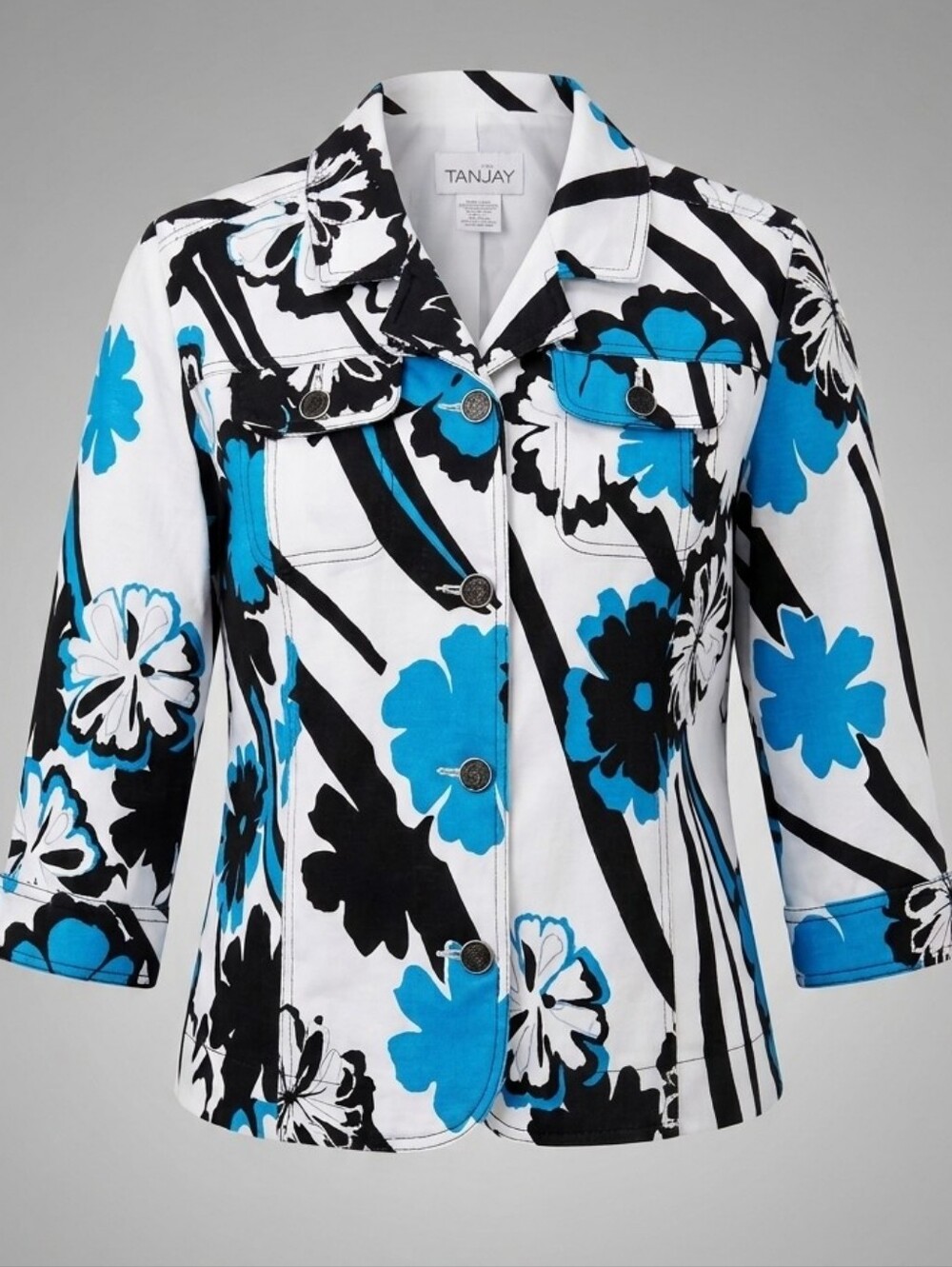 TanJay White Blue 3/4 Sleeve Button Front Floral Office Women's Blazer Size 14